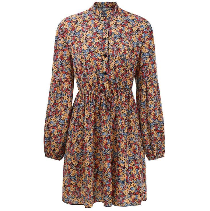 Mini-robe Boutonnée Taille Élastique Manches Longues Imprimé Floral