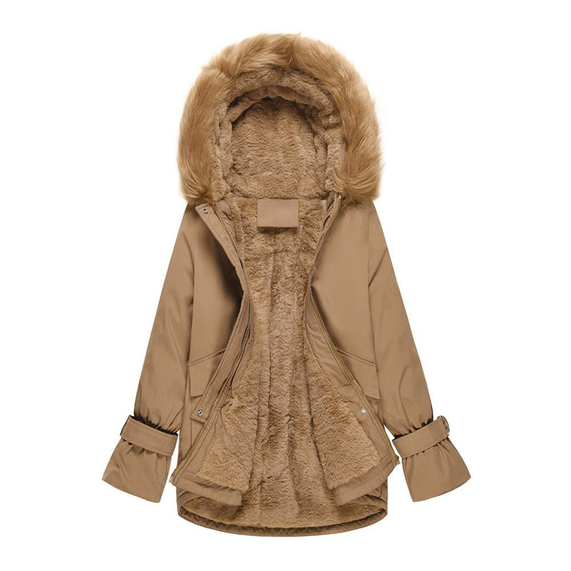 Manteau Veste avec Col en Fourrure et Poche Frontale Zippée