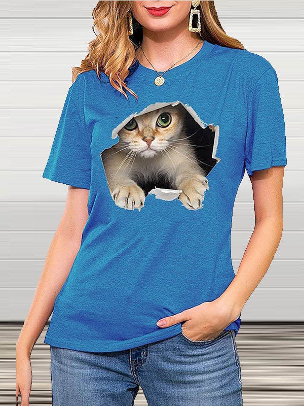 T-shirt Col Rond Manches Courtes Imprimé Chat