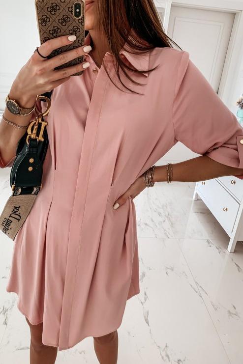 Robe Courte Col Chemise de Couleur Unie