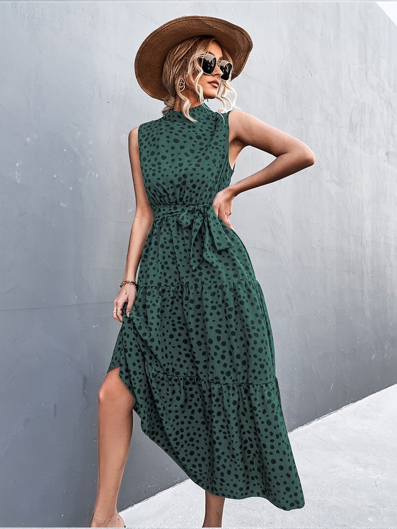 Dot Print Sleeveless High Neck Belt Waist Maxi Dress