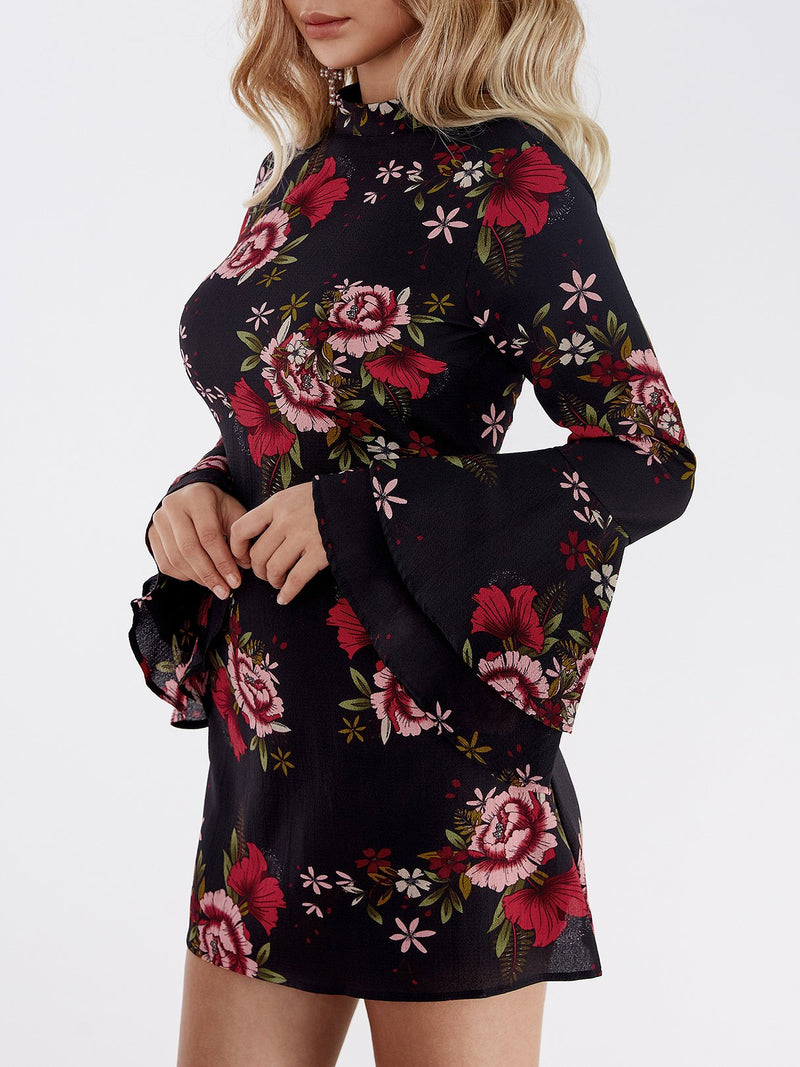 Random Floral Print Perkins Collar Flared Sleeves Mini Dress