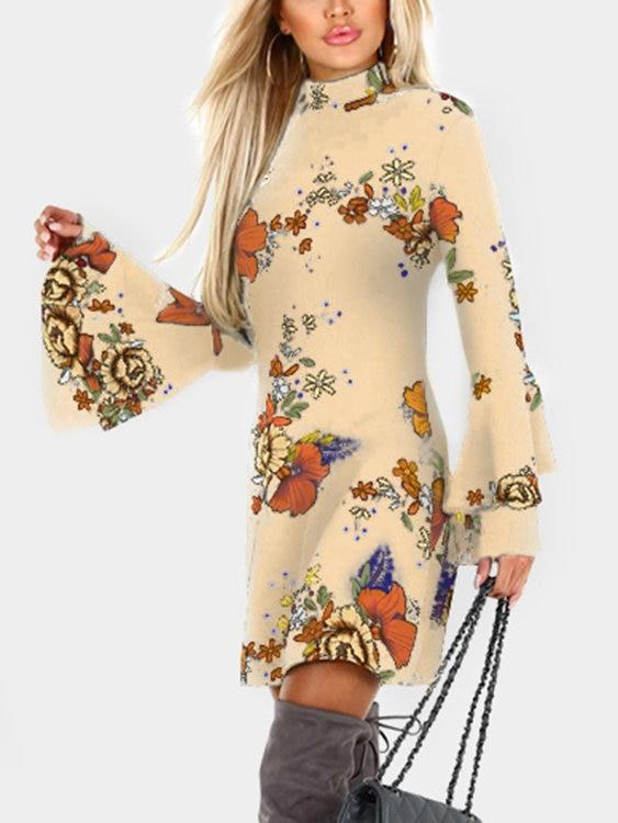 Random Floral Print Perkins Collar Flared Sleeves Mini Dress