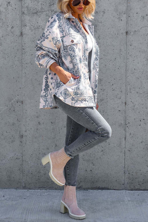 Glam Retro Printed Pocket Buckle Shacket