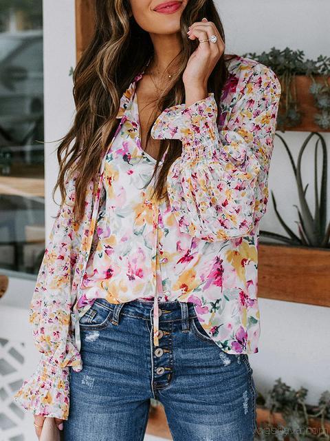 Tops Manches Longues Col V Imprimé Floral Boho