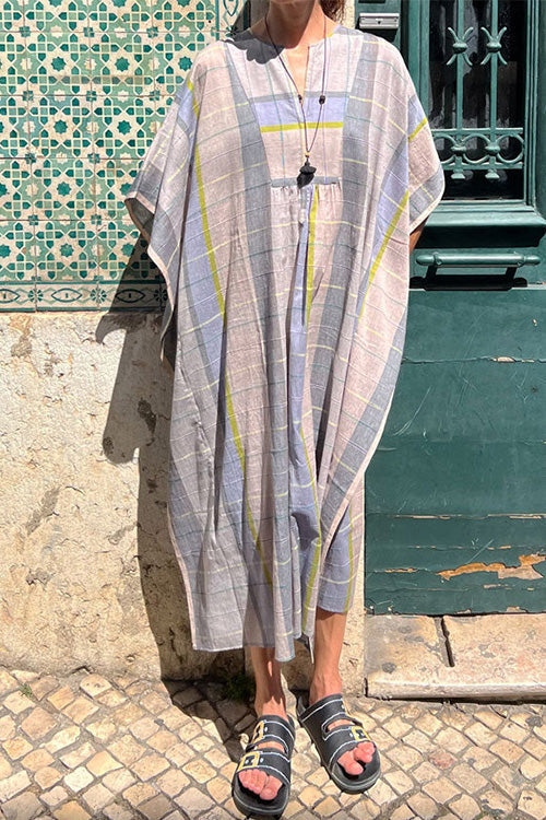 Robe Caftan Rayée Manches Chauve-Souris Col V