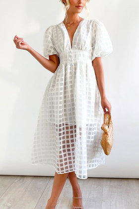 V Neck Lantern Sleeve Waisted A-line Dress