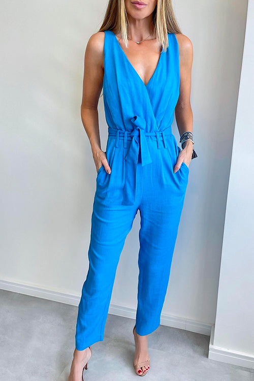 Deep V Neck Knot Waist Sleeveless Solid Romper