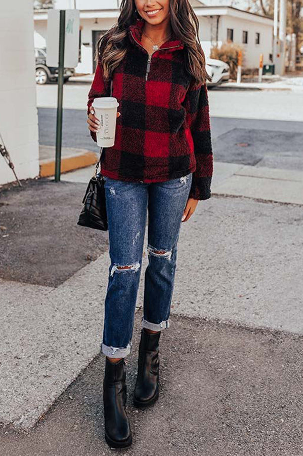 Cozy Holiday Plans Sherpa Plaid Pullover