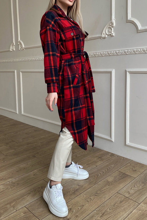 Warm on Up Belted Plaid Midi Coat