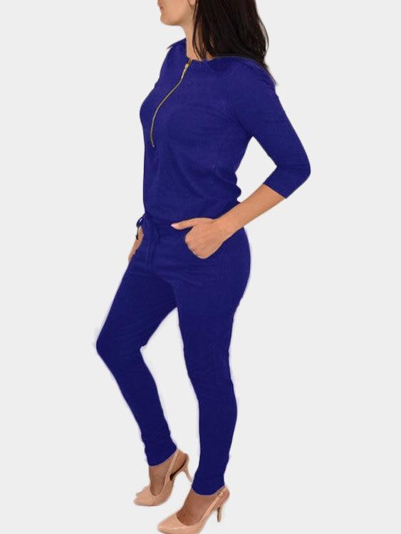 Zipper 3-4 Length Sleeves Drawstring Waist Jumpsuit