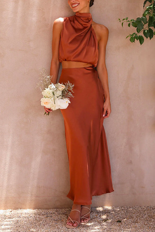 Turtleneck Sleeveless Crop Top High Waist Maxi Skirt Satin Set