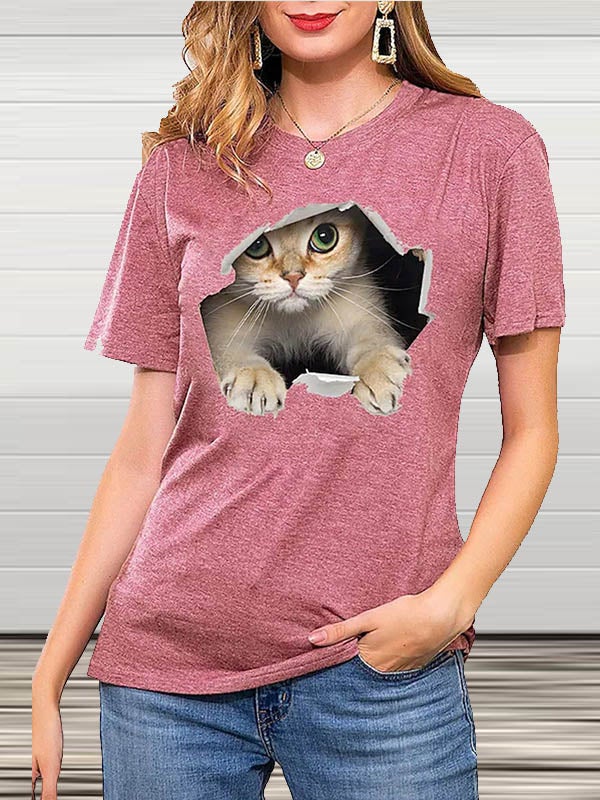 T-shirt Col Rond Manches Courtes Imprimé Chat