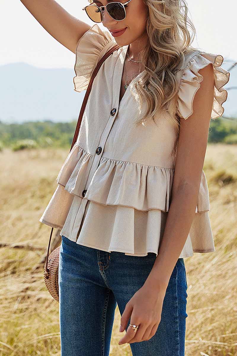 Chemise Décontractée Une Rangée Couleur Pure Top Col V