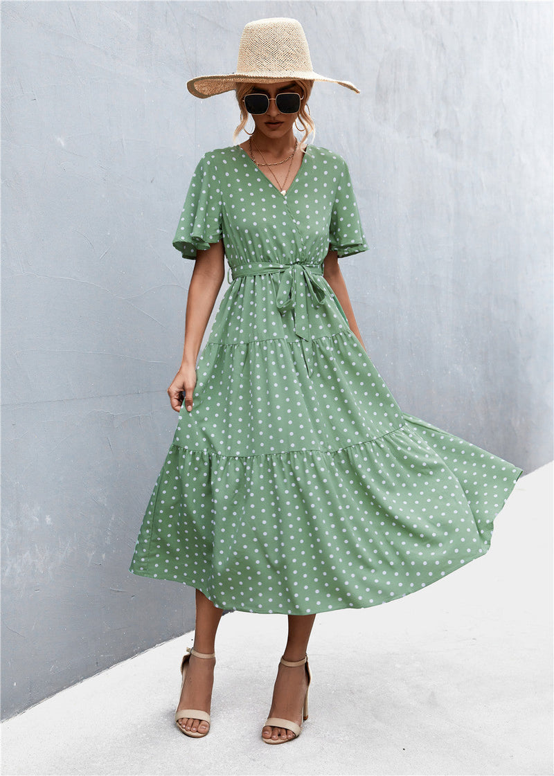 Robe Longue à Pois Col en V Manches Courtes et Taille Élastique