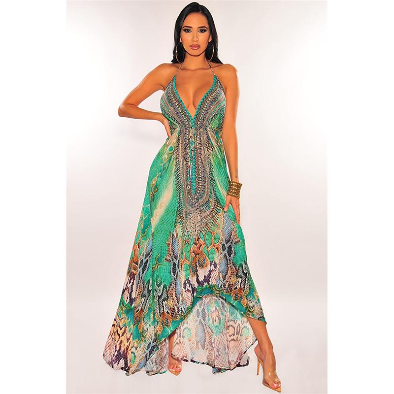 Robe Maxi Bretelles Spaghetti Col en V Floral Boho Croisé Dos Nu