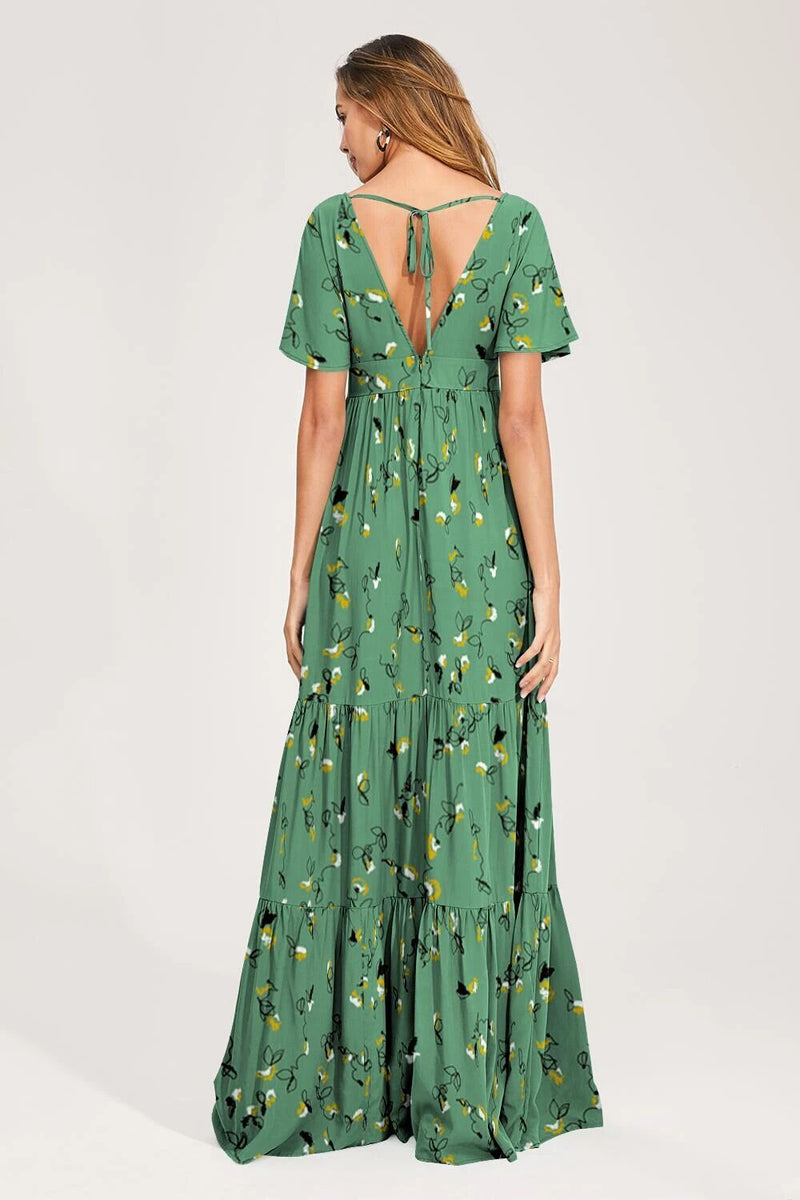 Robe Maxi Fleurie Manches Courtes Col en V Vert de Mer Clair