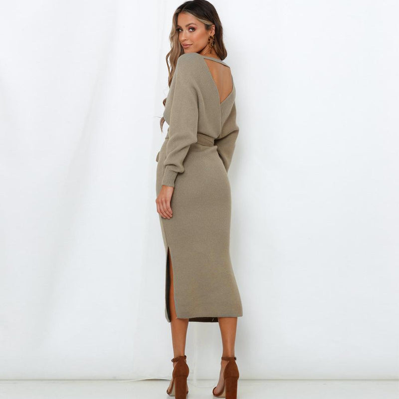 Robe Tricotée Sexy en Col V et Pull Mi-Long