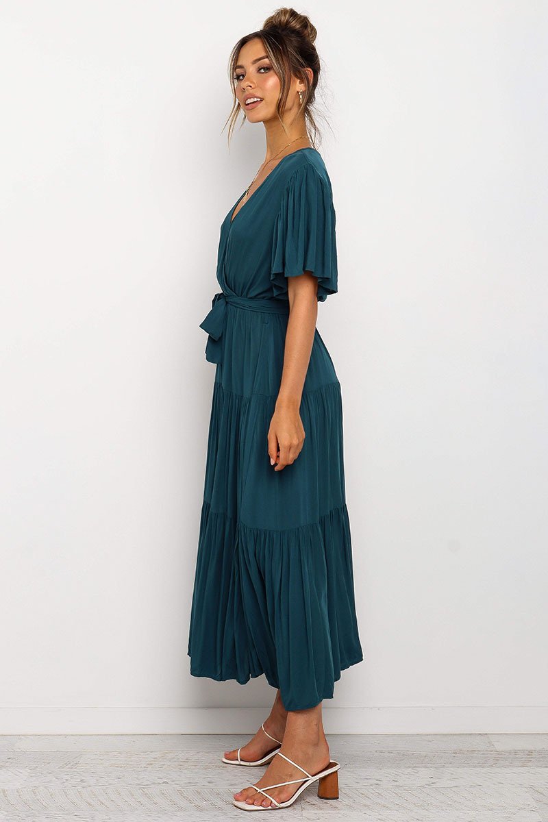 Robe Maxi Manches Courtes Encolure en V