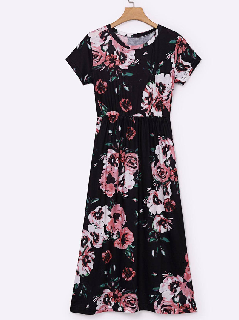 Robe à Imprimé Floral Col Rond