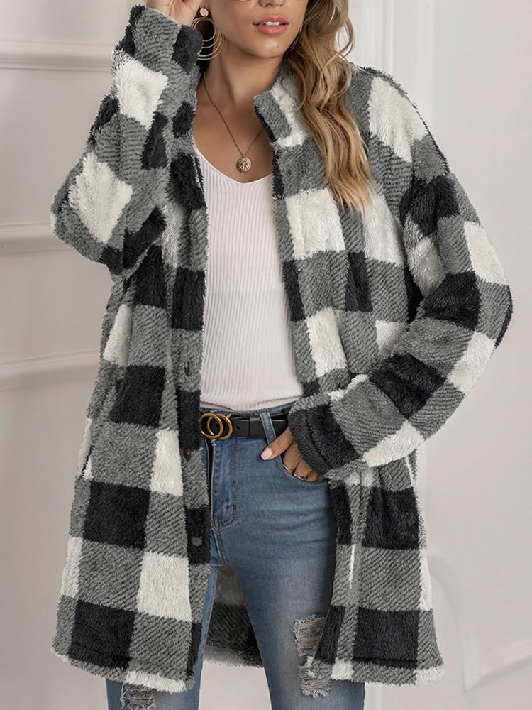 Manteau Ample Carreaux et Revers en Peluche