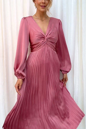 Draw Attention Satin Twist Pleated Midi Dress