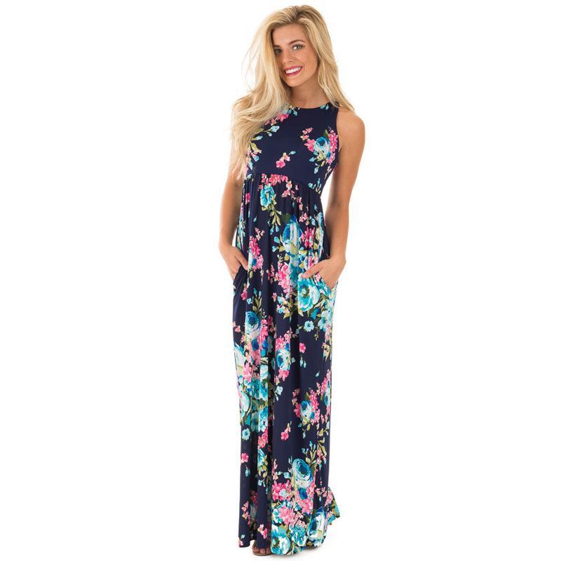 Ärmellos Blumen Gedruckt Sommer Blau Maxi Kleid - CA Mode