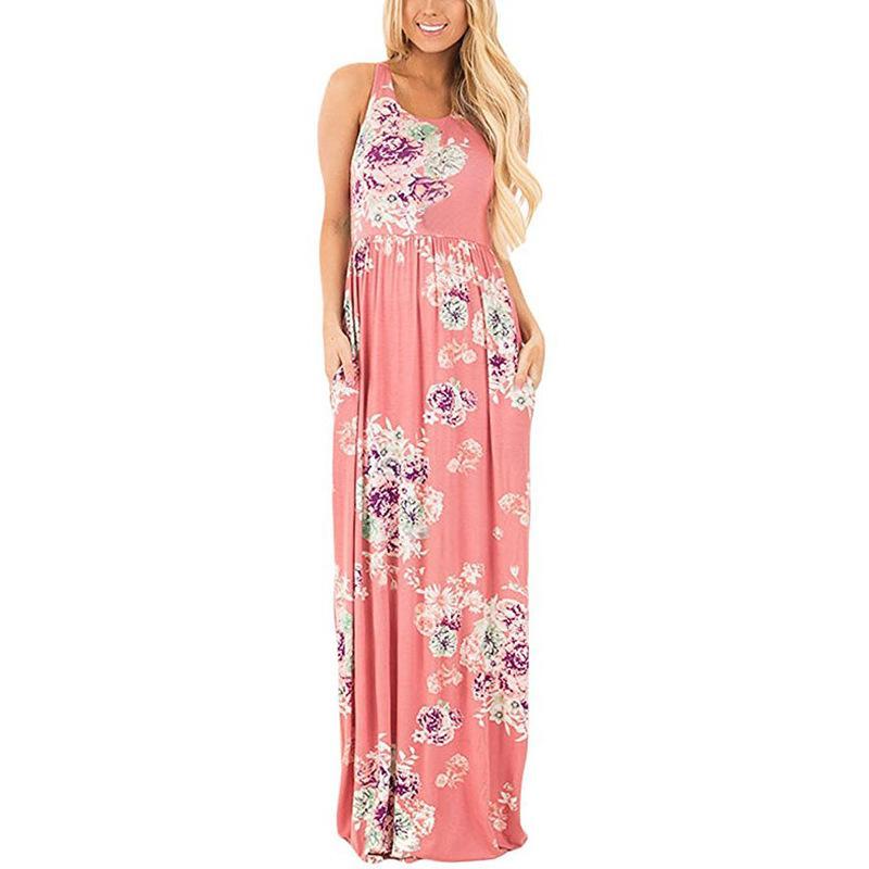 Ärmellos Blumen Gedruckt Sommer Blau Maxi Kleid - CA Mode