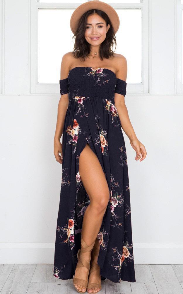 Maxi Robe à Epaules Dénudées et Manches Courtes