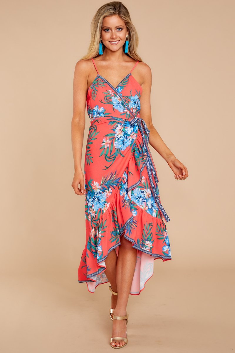 Robe à Col en V sans Manches avec Imprimé Floral Rouge