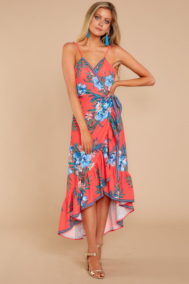 Robe à Col en V sans Manches avec Imprimé Floral Rouge