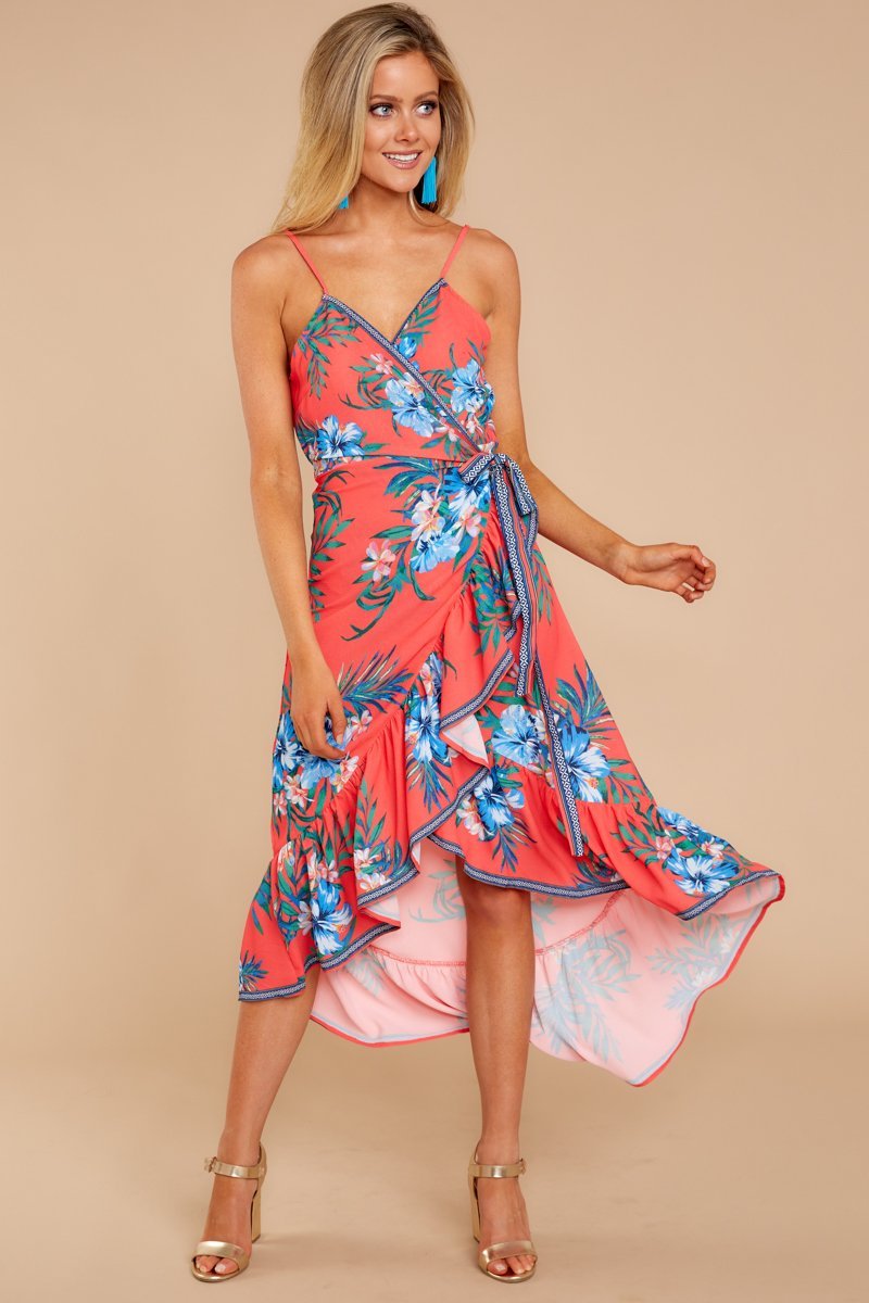 Robe à Col en V sans Manches avec Imprimé Floral Rouge