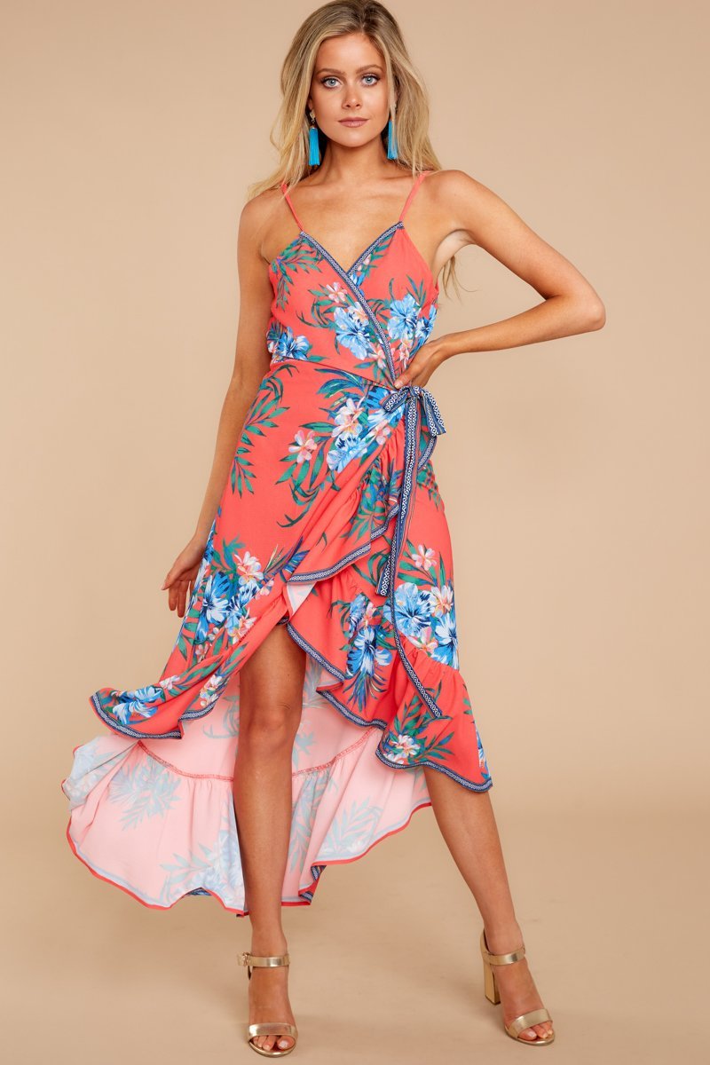 Robe à Col en V sans Manches avec Imprimé Floral Rouge