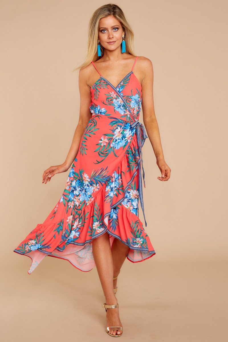 Robe à Col en V sans Manches avec Imprimé Floral Rouge