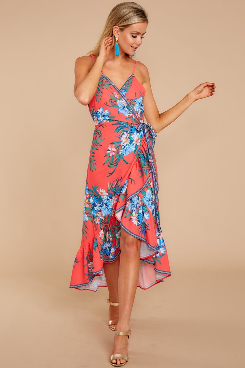 Robe à Col en V sans Manches avec Imprimé Floral Rouge