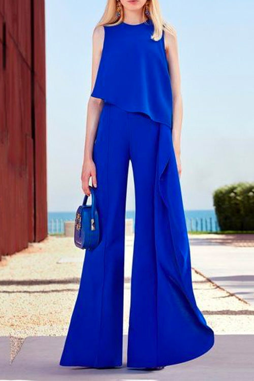 Irregular Drape Front Bell Bottoms Sleeveless Jumpsuit