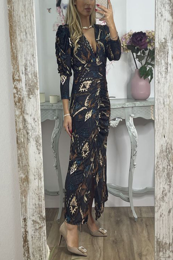 Love Story Baby Printed Ruched Slit Midi Dress