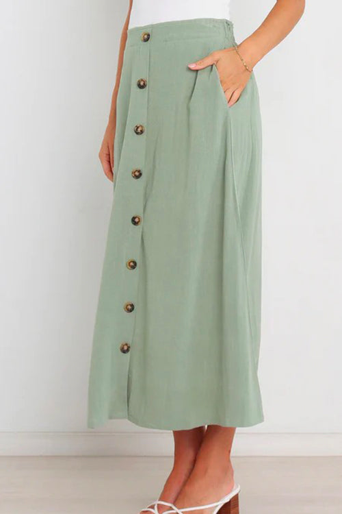 Button Down Pockets A-line Long Skirt