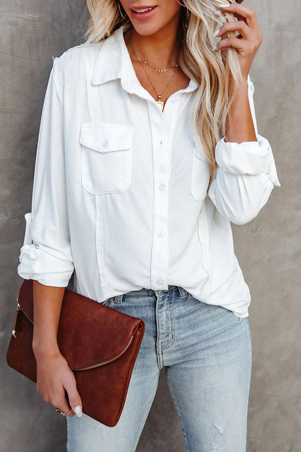 Mina Button Down Pocketed Waffle Shirt Top