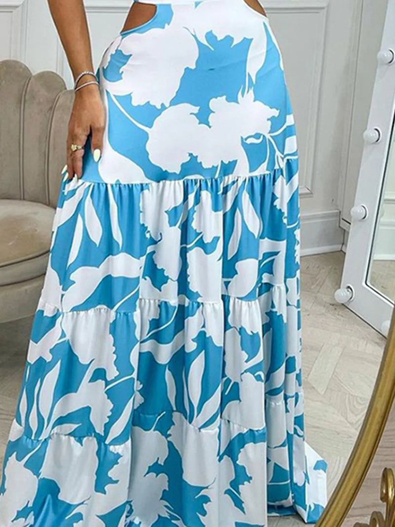 Robe Maxi Découpée Epaules Dénudées Imprimé Tropical