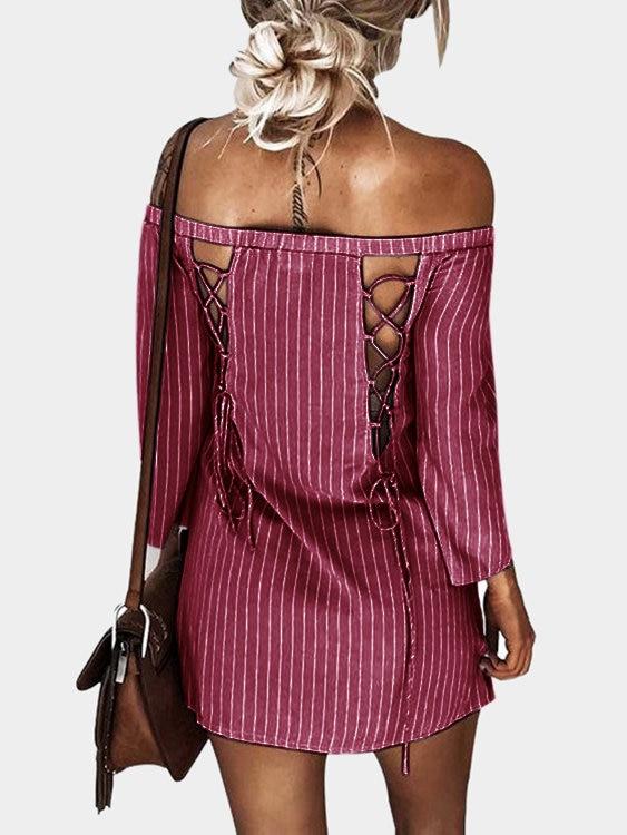 Sexy Off Shoulder Lace Up Stripe Patern Mini