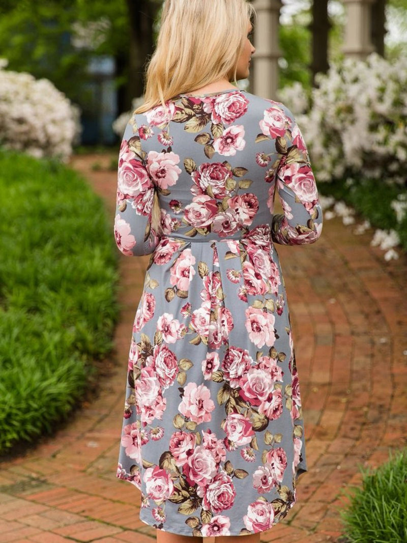 Robe à Col rond et Imprimé Floral Manches Longues