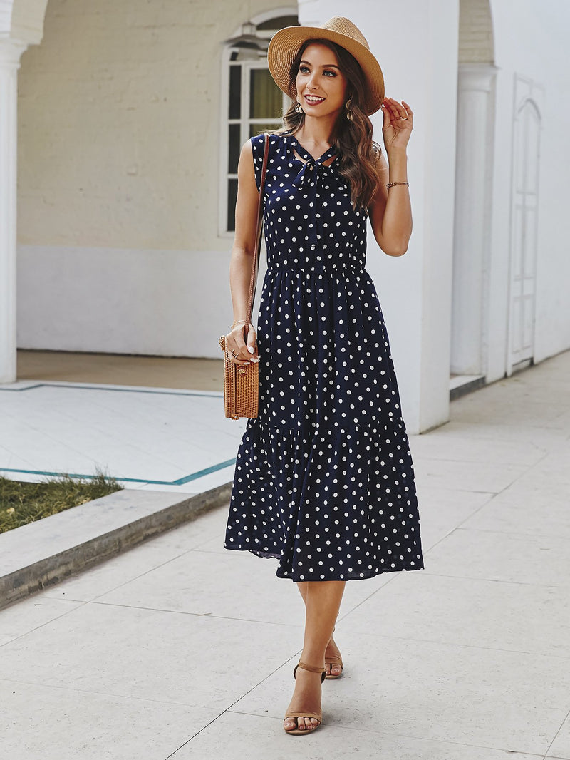 Robe Longue à Pois Col V et Nouer Devant