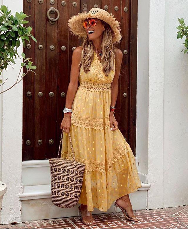 Robes Maxi  Longues Col en V Mousseline de Soie Dos Nu Boho