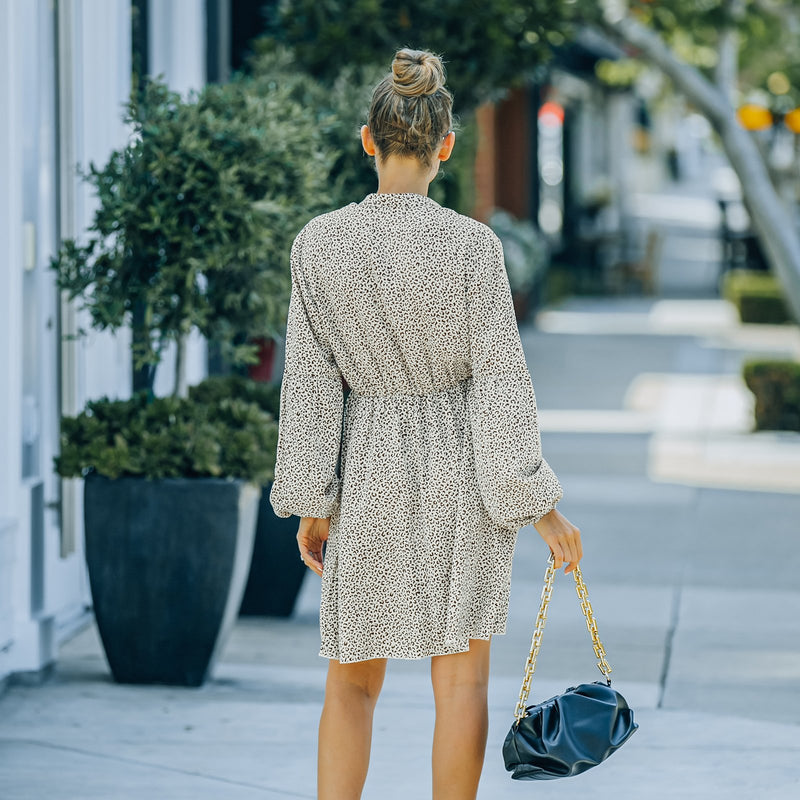 Mini-robe Boutonnée Taille Élastique Manches Longues Imprimé Floral