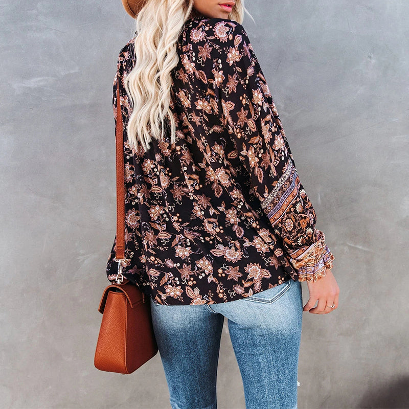 V Neck Long Sleeve Shirts Tops Casual Loose Boho Blouses