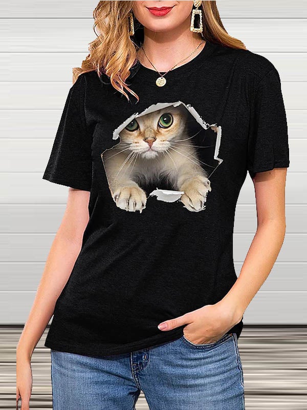 T-shirt Col Rond Manches Courtes Imprimé Chat