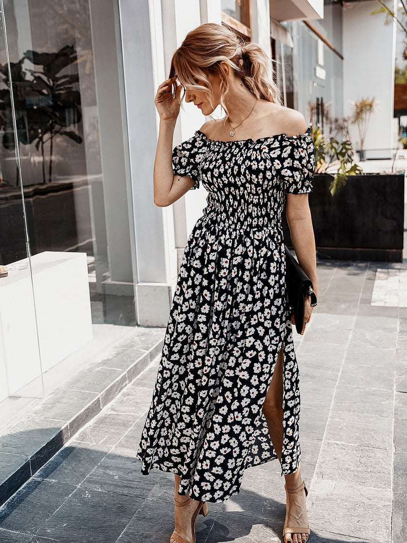 Robe Midi Floral Évasée à Épaules Dénudées