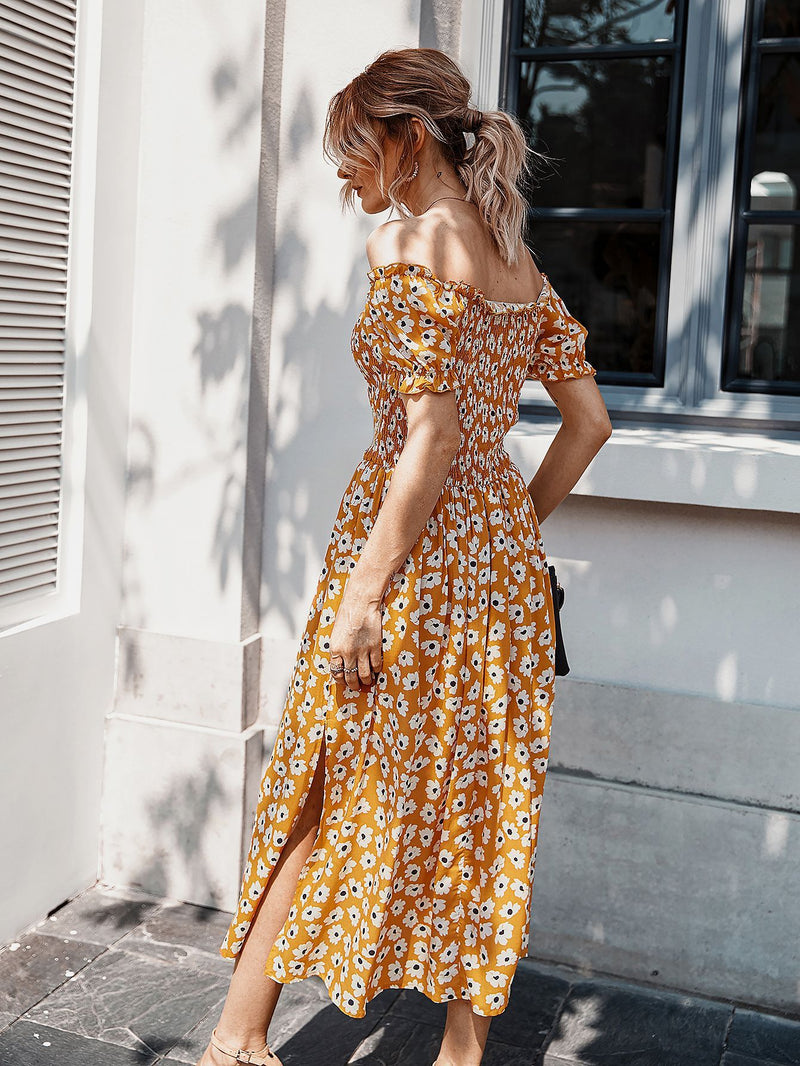 Robe Midi Floral Évasée à Épaules Dénudées