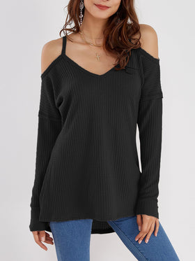 Top à Manche Longue Shirt Haut Noir Epaules Dénudées